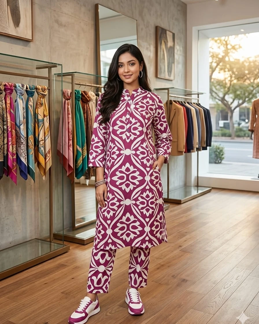 Rhea Plum Blossom Geometric Soft Linen 2-Piece Co-Ord Set