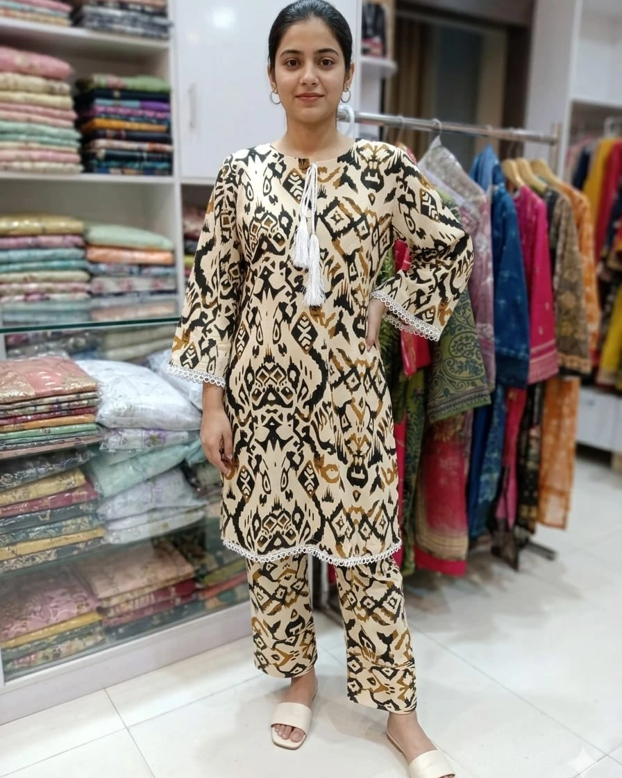 Diya Ochre Ikat Geometric Soft Linen 2-Piece Co-Ord Set