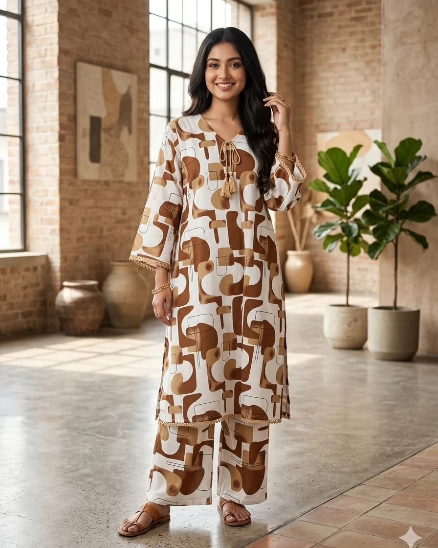 Ira Caramel Abstract Printed Soft Linen 2-Piece Co-Ord Set