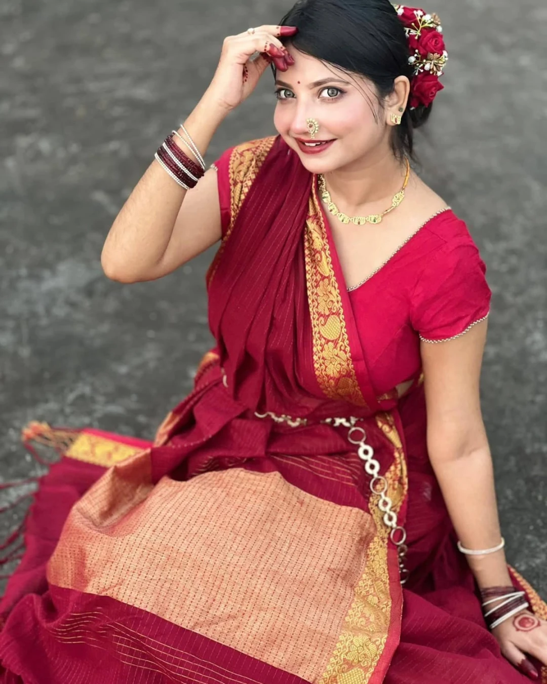 Maroon Half Silk Nakshi Paar Saree