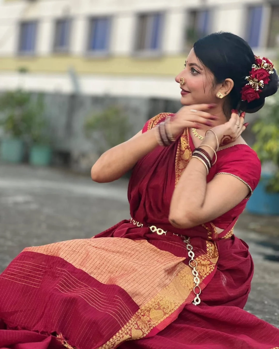 Maroon Half Silk Nakshi Paar Saree