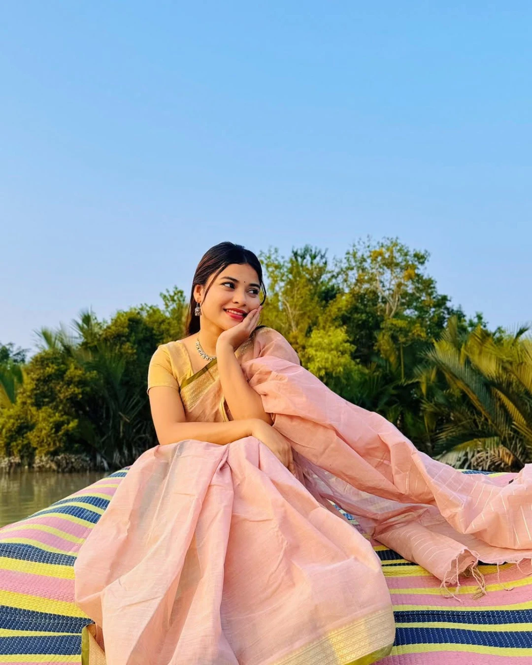 Trendy And Fashionable Pastel Pink Tangail Tat Half Silk Nakshi Paar Saree