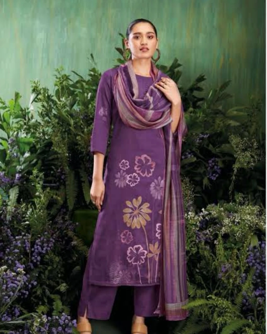 Women's Premium Unstitched Floral Purple Cotton 3-Piece Suit