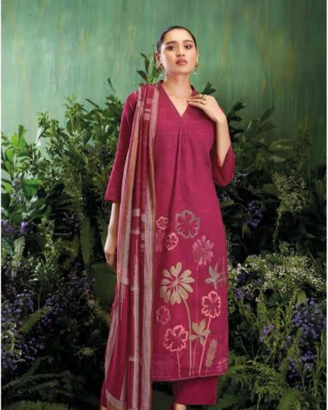 Women's Premium Unstitched Floral Magenta Cotton 3-Piece Suit