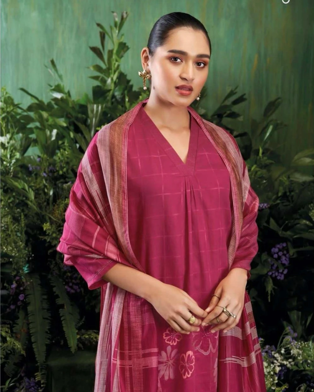 Women's Premium Unstitched Floral Magenta Cotton 3-Piece Suit