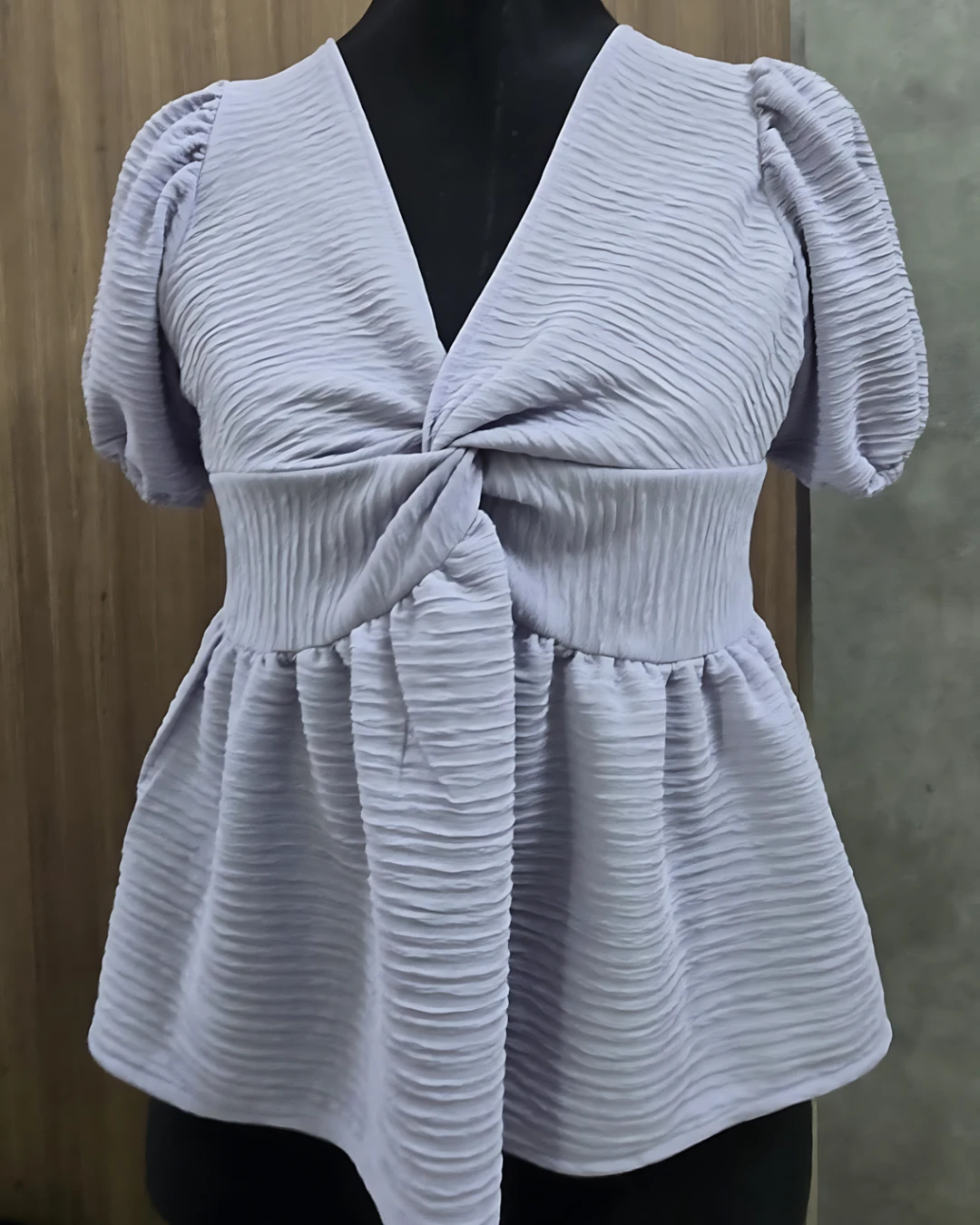 Imported Textured Twist-Front Puff Sleeve Top - Raven (Thailand)