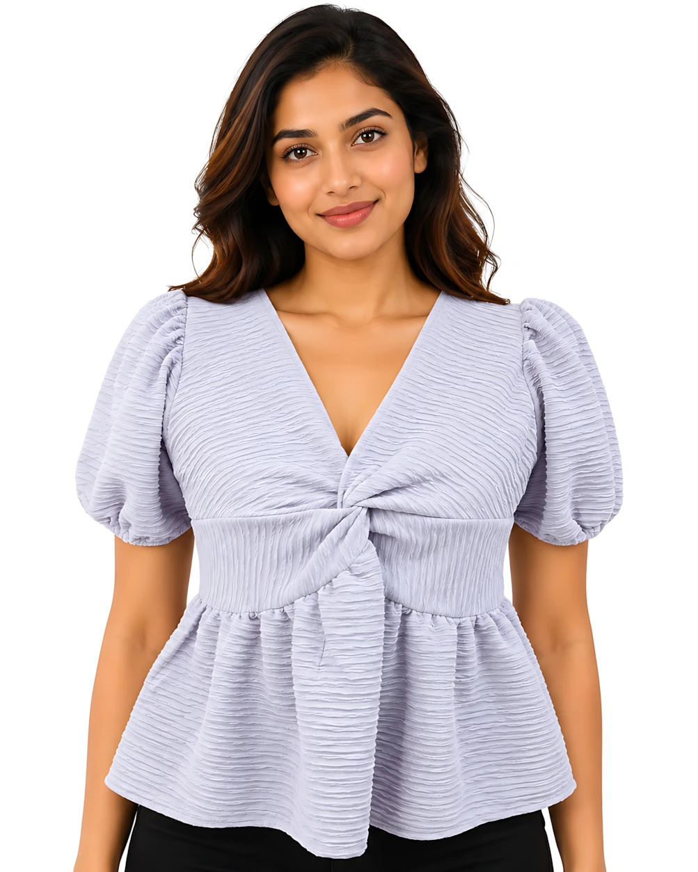 Imported Textured Twist-Front Puff Sleeve Top - Raven (Thailand)