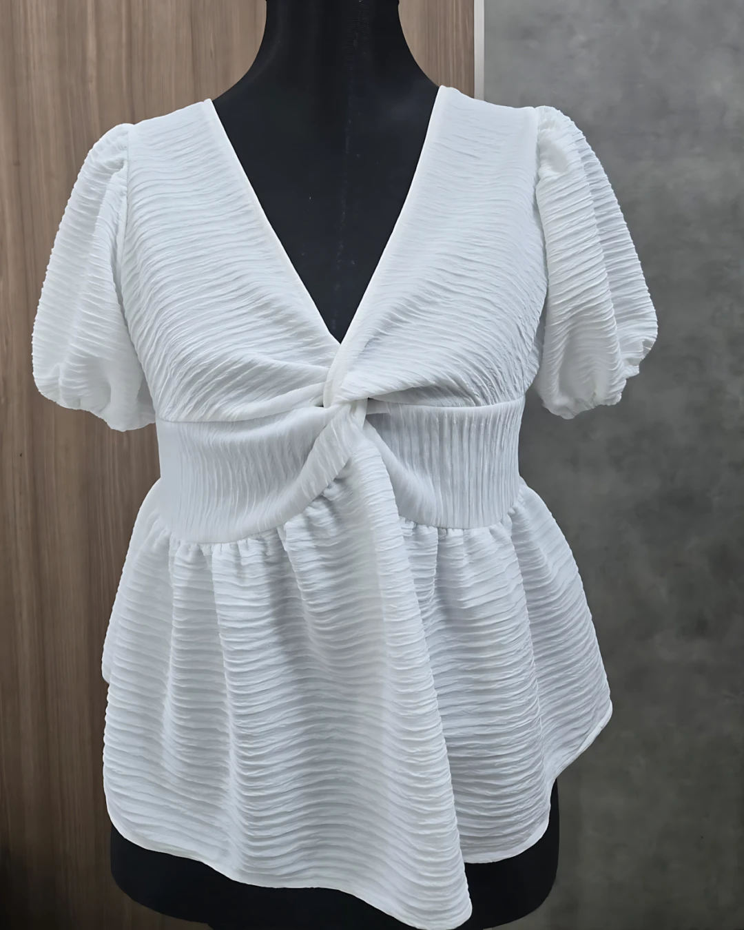 Imported Textured Twist-Front Puff Sleeve Top - White (Thailand)