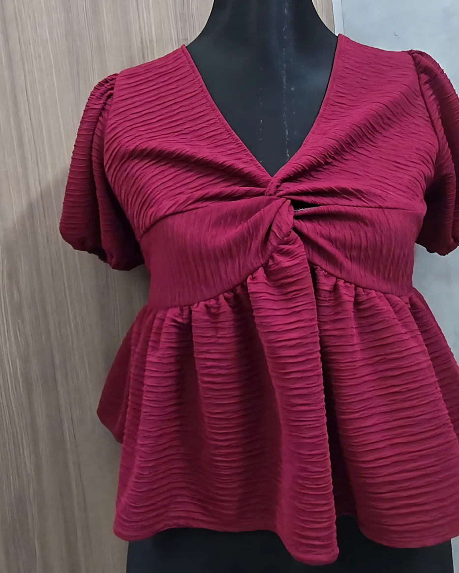 Imported Textured Twist-Front Puff Sleeve Top - Maroon (Thailand)