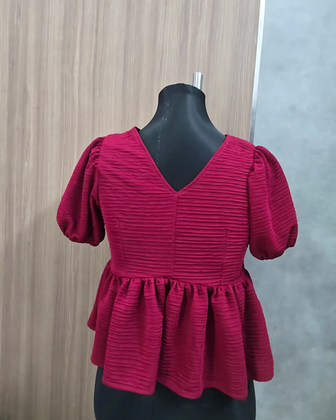 Imported Textured Twist-Front Puff Sleeve Top - Maroon (Thailand)