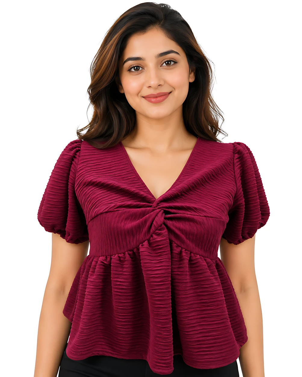 Imported Textured Twist-Front Puff Sleeve Top - Maroon (Thailand)