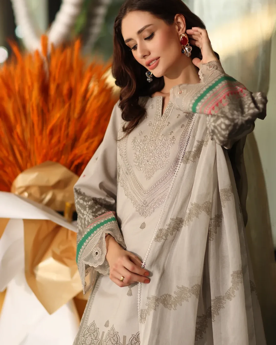 Coral Bloom Embroidered Lawn Three-Piece Suit