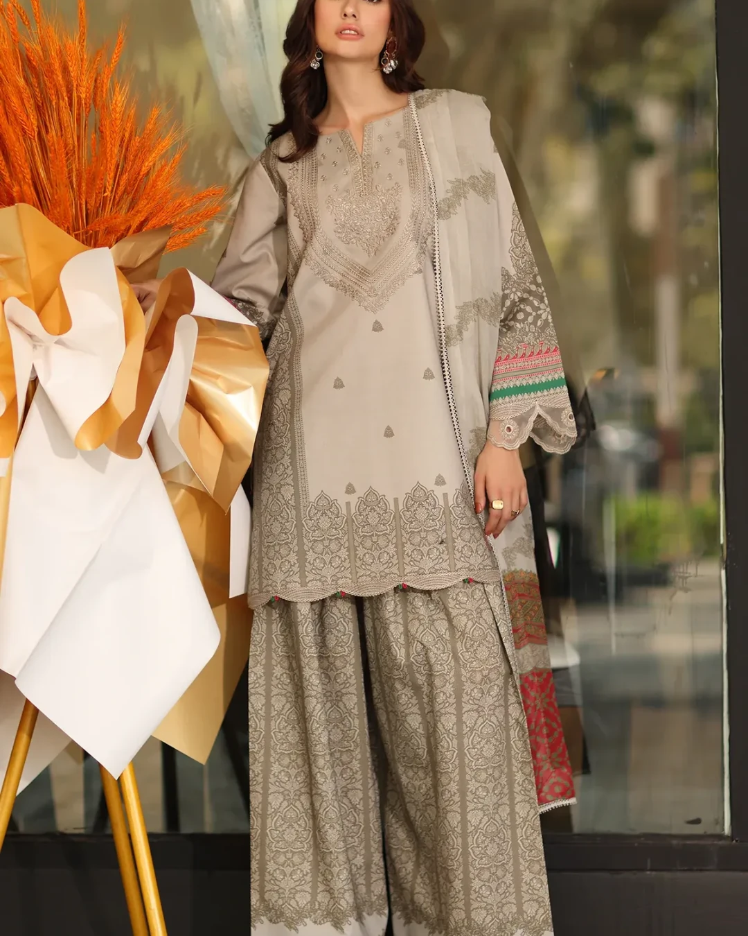 Coral Bloom Embroidered Lawn Three-Piece Suit