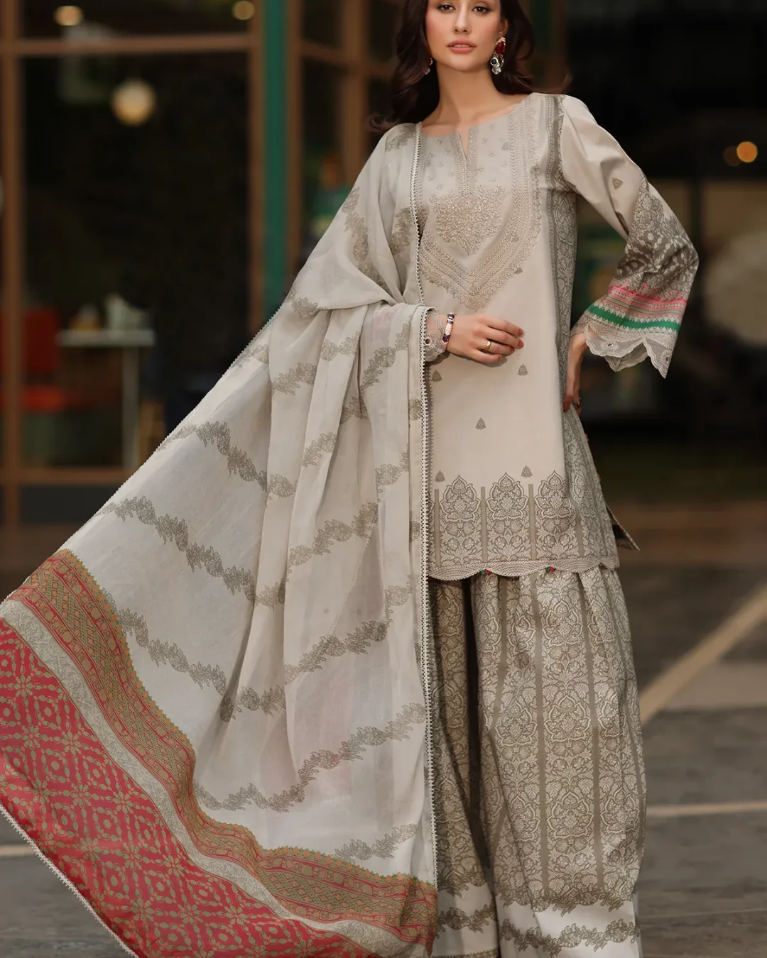 Coral Bloom Embroidered Lawn Three-Piece Suit