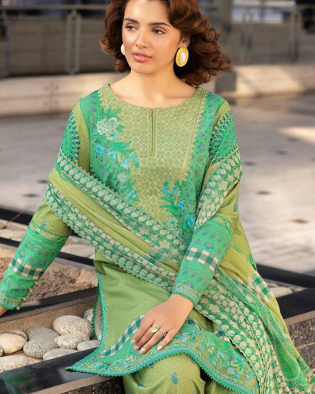 Olive Harmony Embroidered Lawn Three-Piece Suit