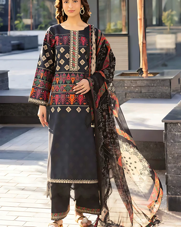 Midnight Onyx Luxury Embroidered Lawn Three-Piece Suit