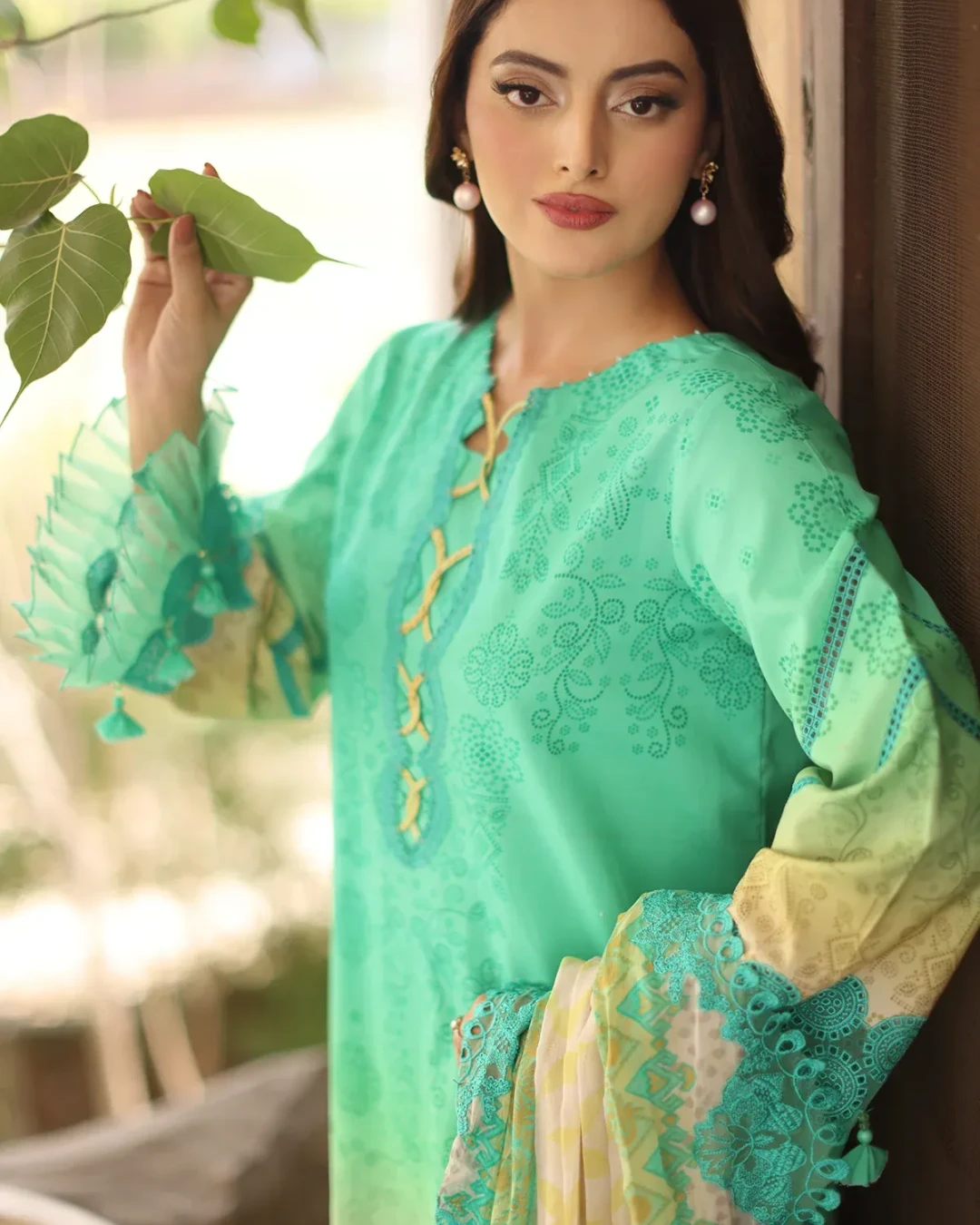 Pale Teal Blossom Embroidered Lawn Three-Piece Suit