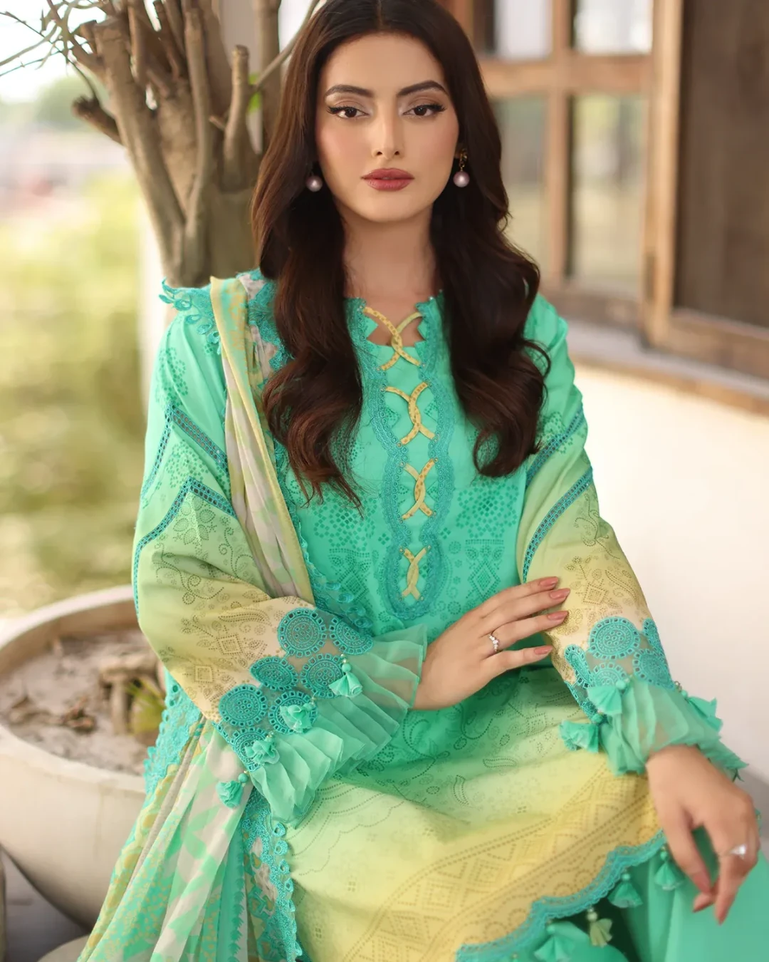 Pale Teal Blossom Embroidered Lawn Three-Piece Suit