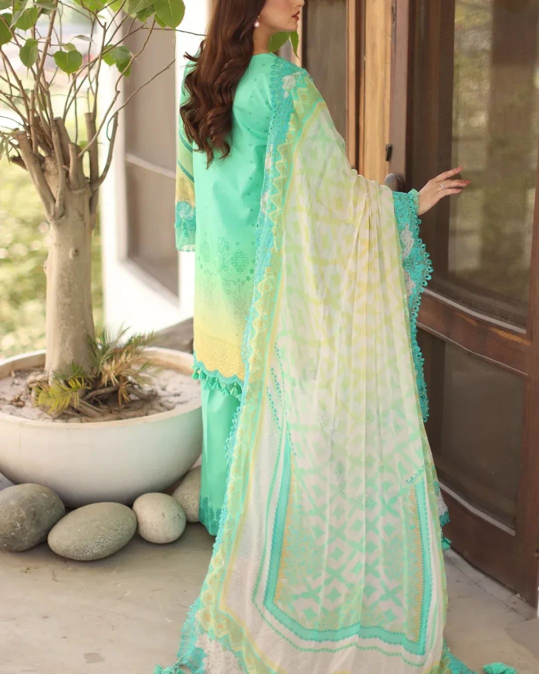 Pale Teal Blossom Embroidered Lawn Three-Piece Suit