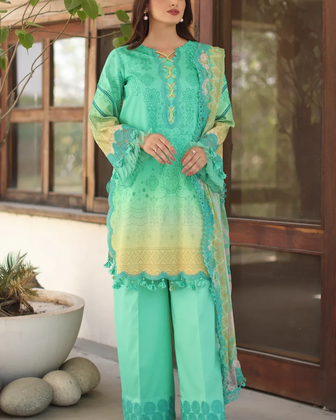Pale Teal Blossom Embroidered Lawn Three-Piece Suit