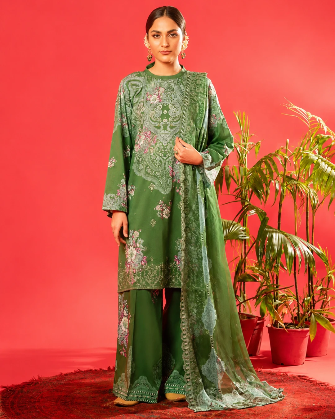 Moss Meadow Luxury Embroidered Lawn Three-Piece Suit