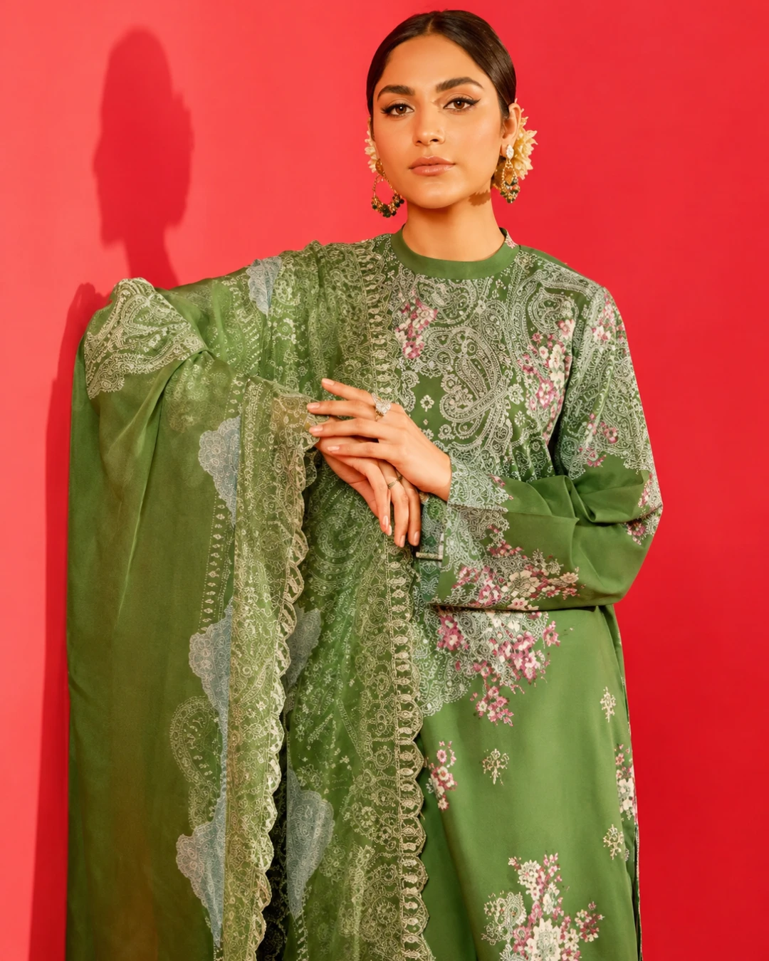Moss Meadow Luxury Embroidered Lawn Three-Piece Suit