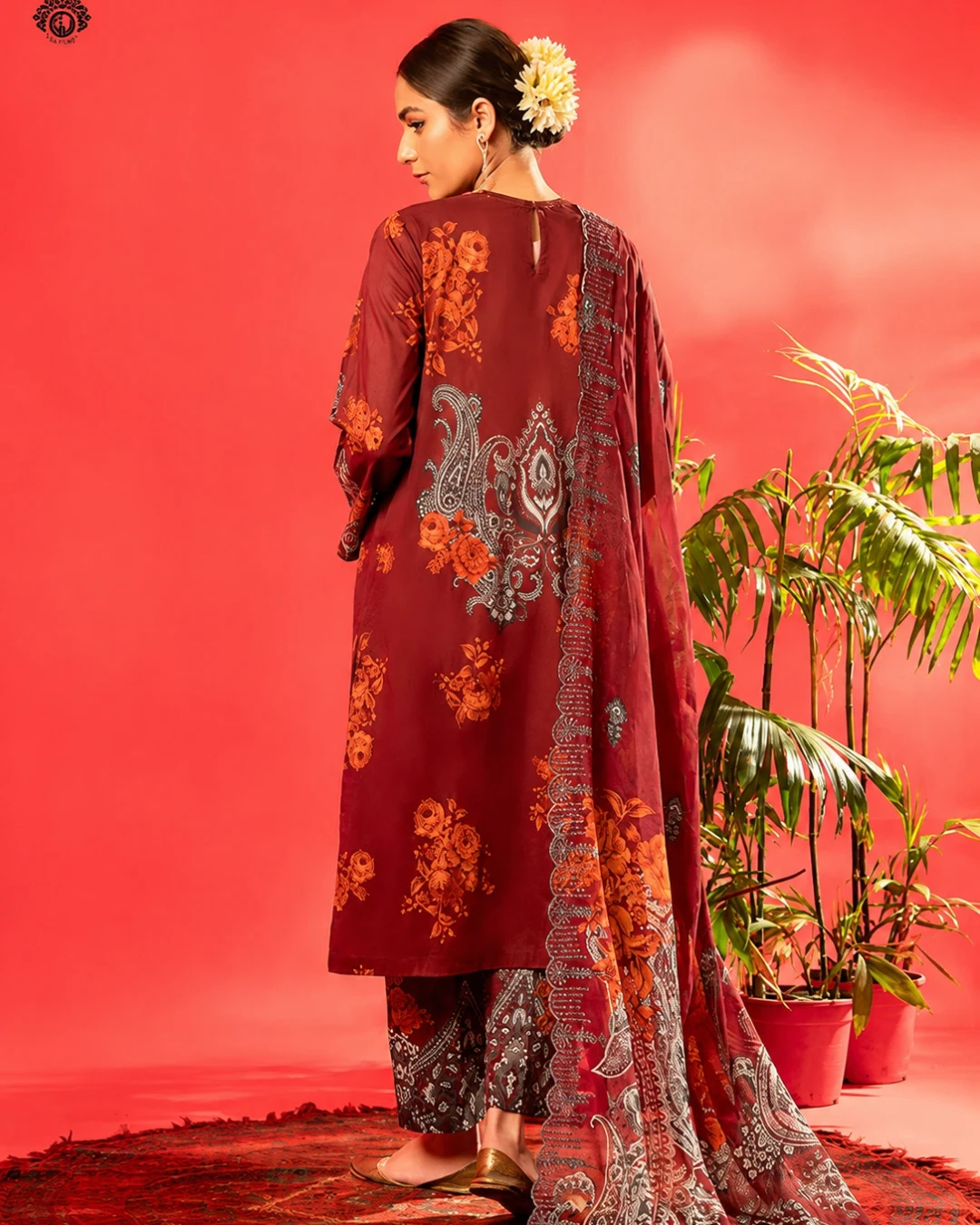 Crimson Maroon Luxury Embroidered Lawn Three-Piece Suit