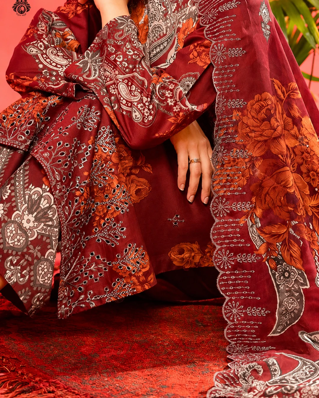 Crimson Maroon Luxury Embroidered Lawn Three-Piece Suit