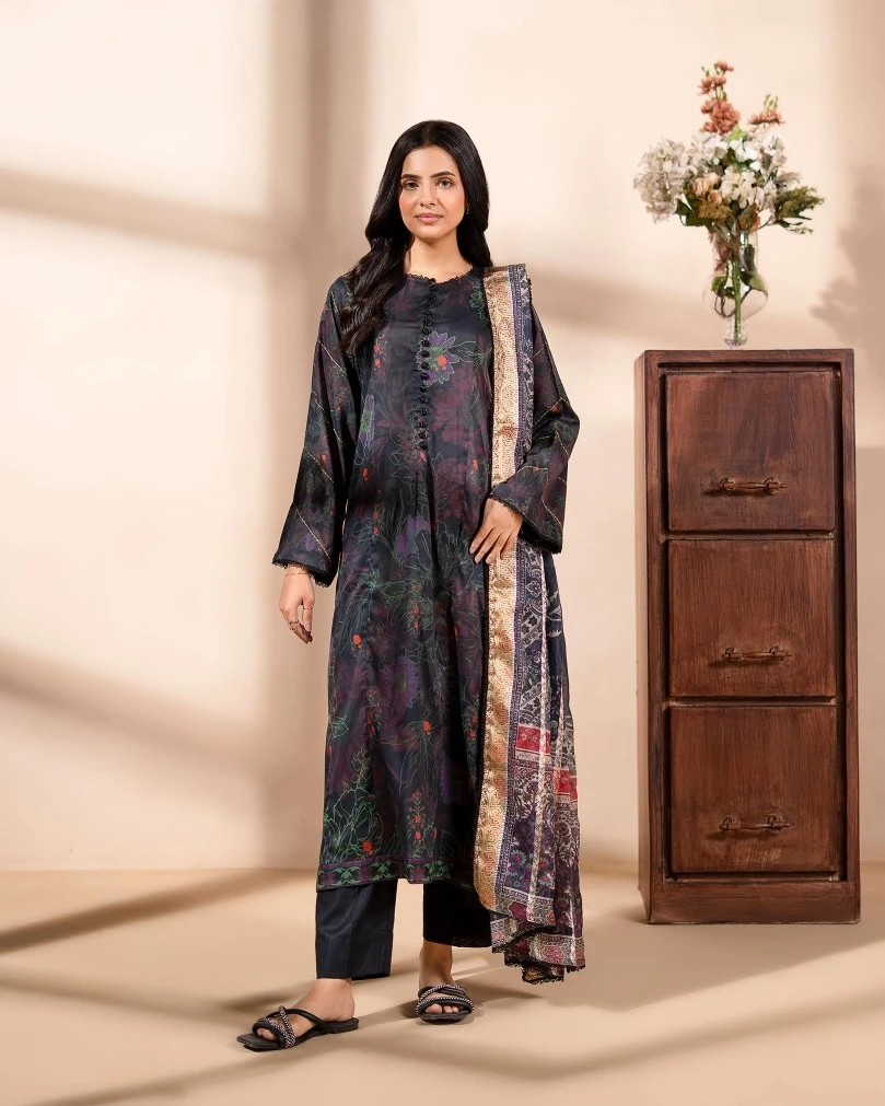Midnight Charcoal Luxury Printed Lawn Three-Piece Suit