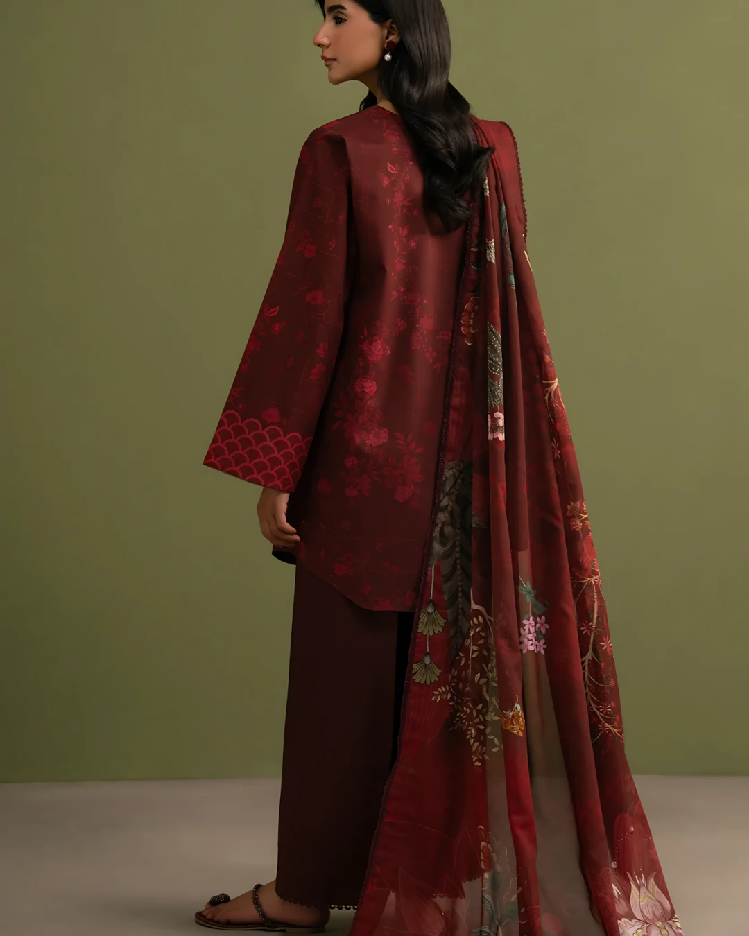 Crimson Maroon Majesty Luxury Embroidered Lawn Three-Piece Suit
