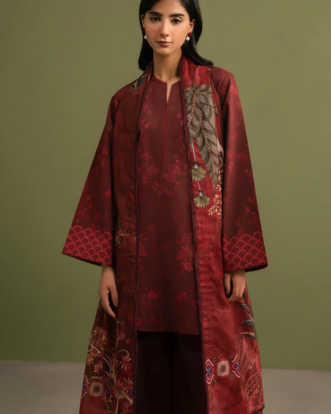 Crimson Maroon Majesty Luxury Embroidered Lawn Three-Piece Suit