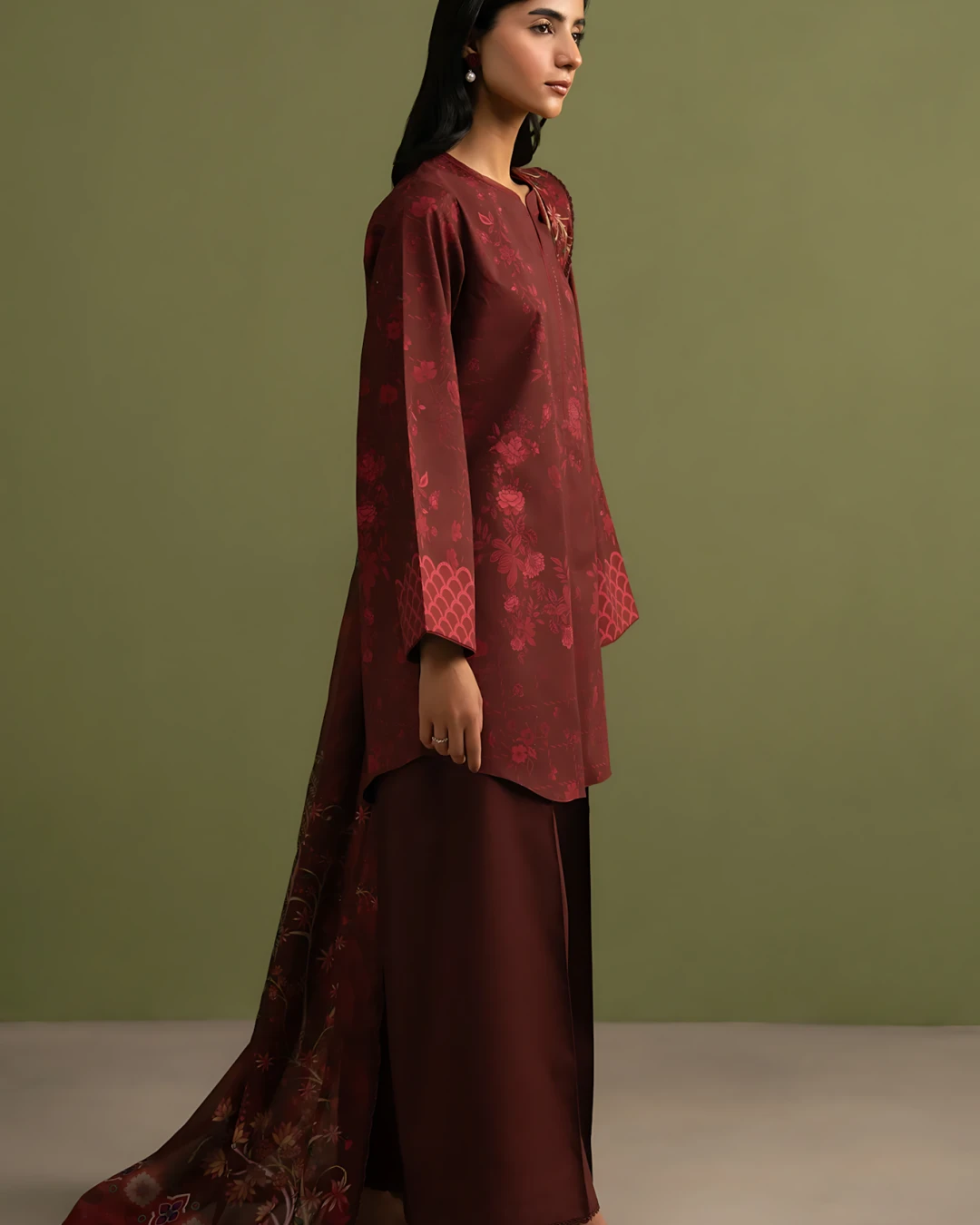 Crimson Maroon Majesty Luxury Embroidered Lawn Three-Piece Suit