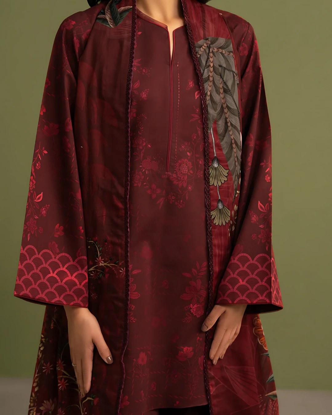 Crimson Maroon Majesty Luxury Embroidered Lawn Three-Piece Suit