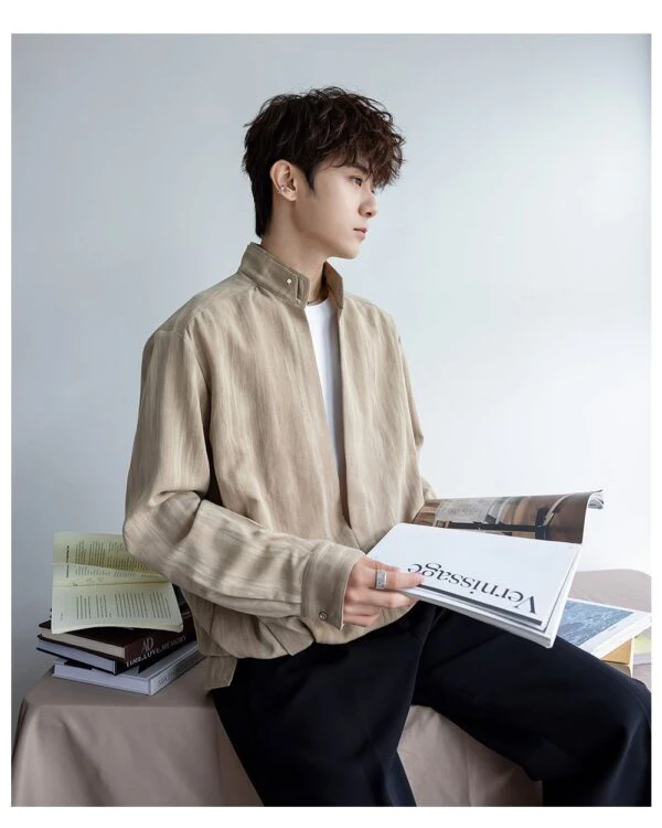 GARB Men’s Autumn Stand-Up Collar Long-Sleeve Shirt – Fashionable Fake Two-Piece High-End Solid Color Casual Shirt