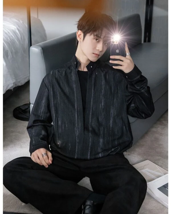 GARB Men’s Autumn Stand-Up Collar Long-Sleeve Shirt – Fashionable Fake Two-Piece High-End Solid Color Casual Shirt