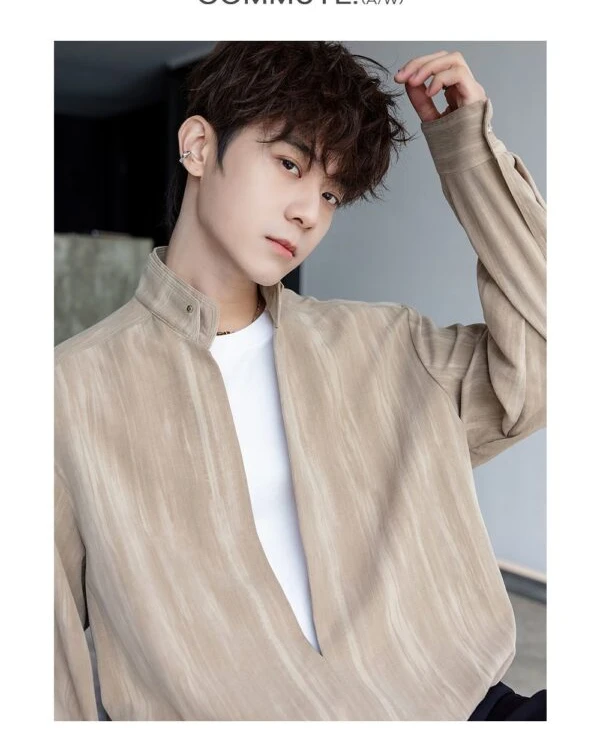 GARB Men’s Autumn Stand-Up Collar Long-Sleeve Shirt – Fashionable Fake Two-Piece High-End Solid Color Casual Shirt