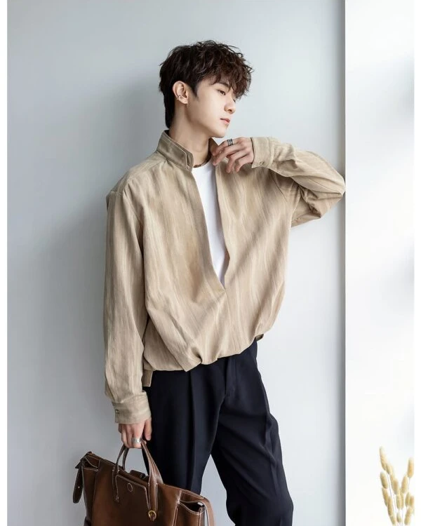 GARB Men’s Autumn Stand-Up Collar Long-Sleeve Shirt – Fashionable Fake Two-Piece High-End Solid Color Casual Shirt