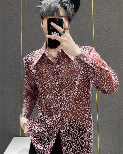 GARB Men’s Summer Mesh Cut-Out Long Sleeve Shirt – Korean Style Loose Fit See-Through Designer Shirt