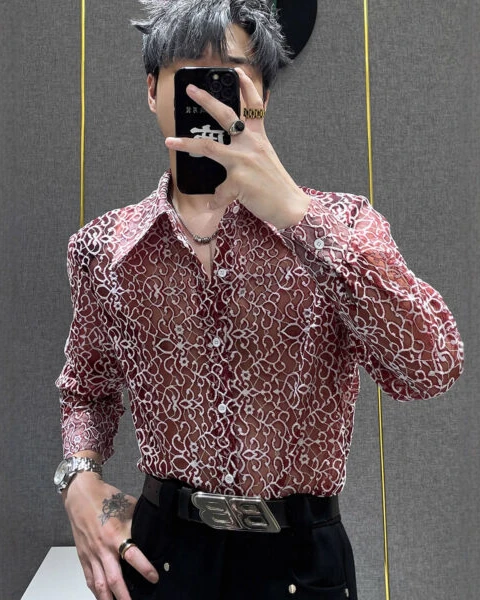 GARB Men’s Summer Mesh Cut-Out Long Sleeve Shirt – Korean Style Loose Fit See-Through Designer Shirt