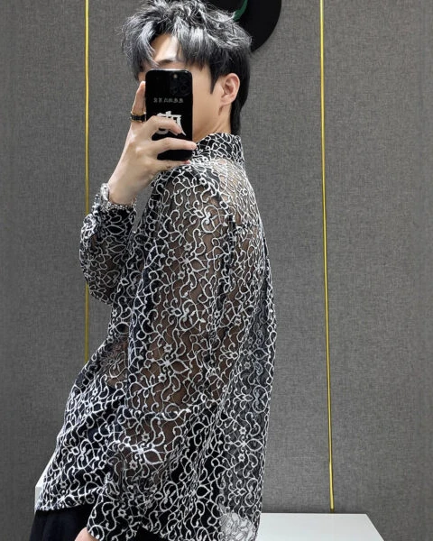 GARB Men’s Summer Mesh Cut-Out Long Sleeve Shirt – Korean Style Loose Fit See-Through Designer Shirt