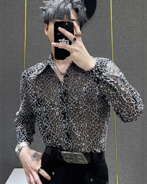 GARB Men’s Summer Mesh Cut-Out Long Sleeve Shirt – Korean Style Loose Fit See-Through Designer Shirt