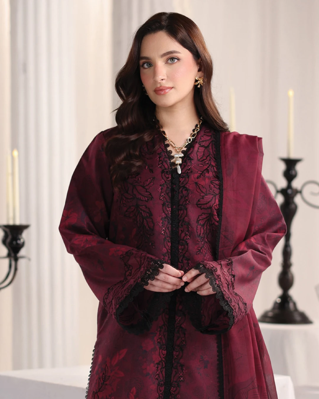 Alara Crimson Maroon Luxury Embroidered Lawn Three-Piece Suit