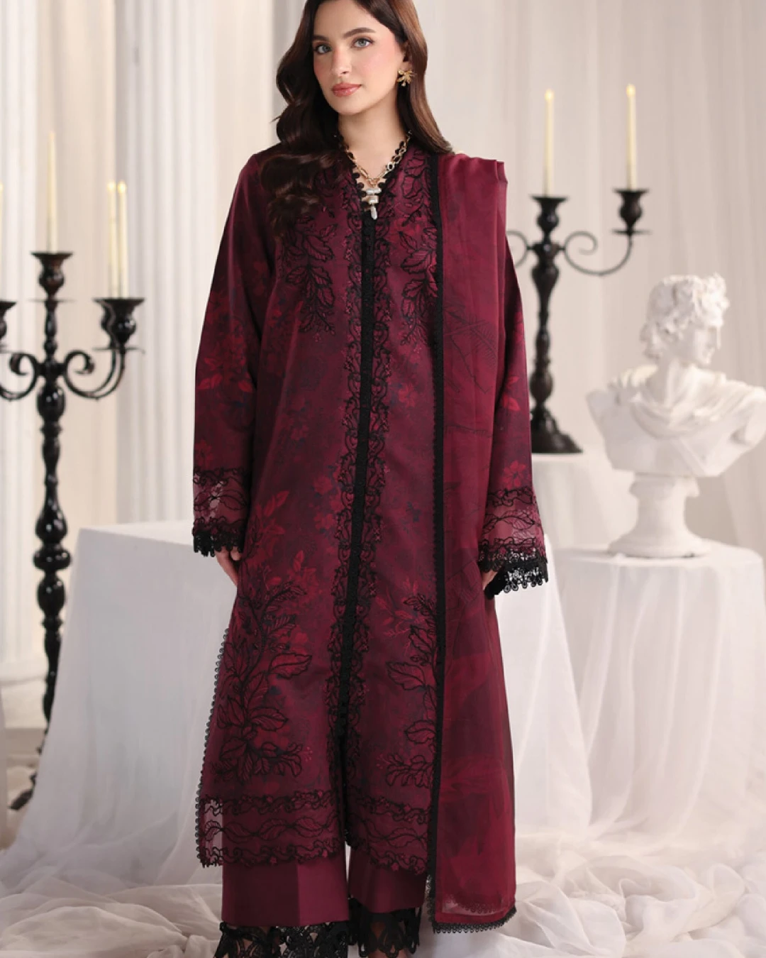Alara Crimson Maroon Luxury Embroidered Lawn Three-Piece Suit