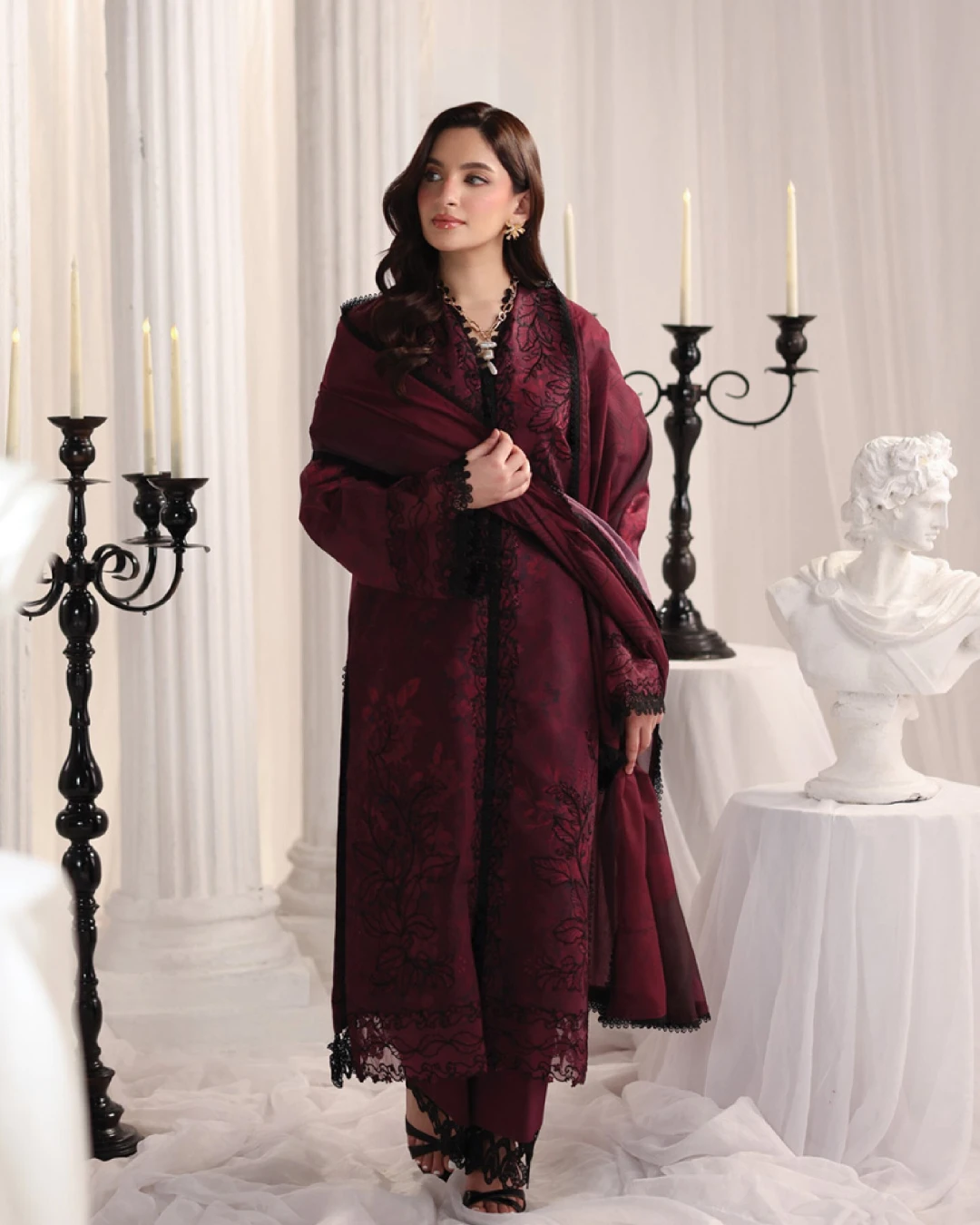 Alara Crimson Maroon Luxury Embroidered Lawn Three-Piece Suit