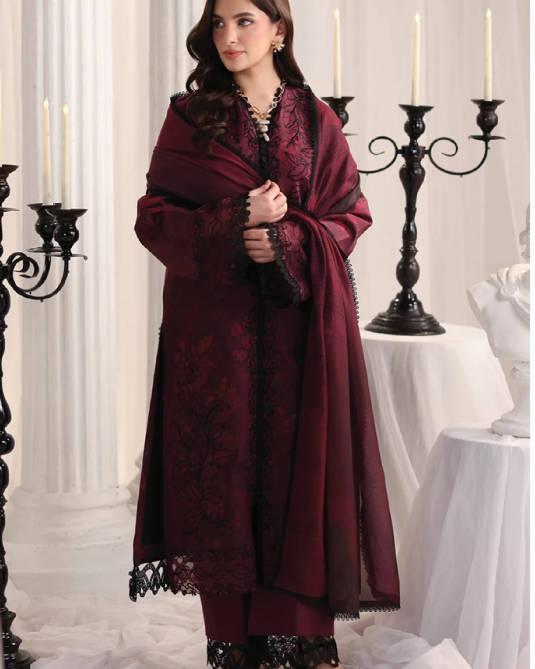 Alara Crimson Maroon Luxury Embroidered Lawn Three-Piece Suit