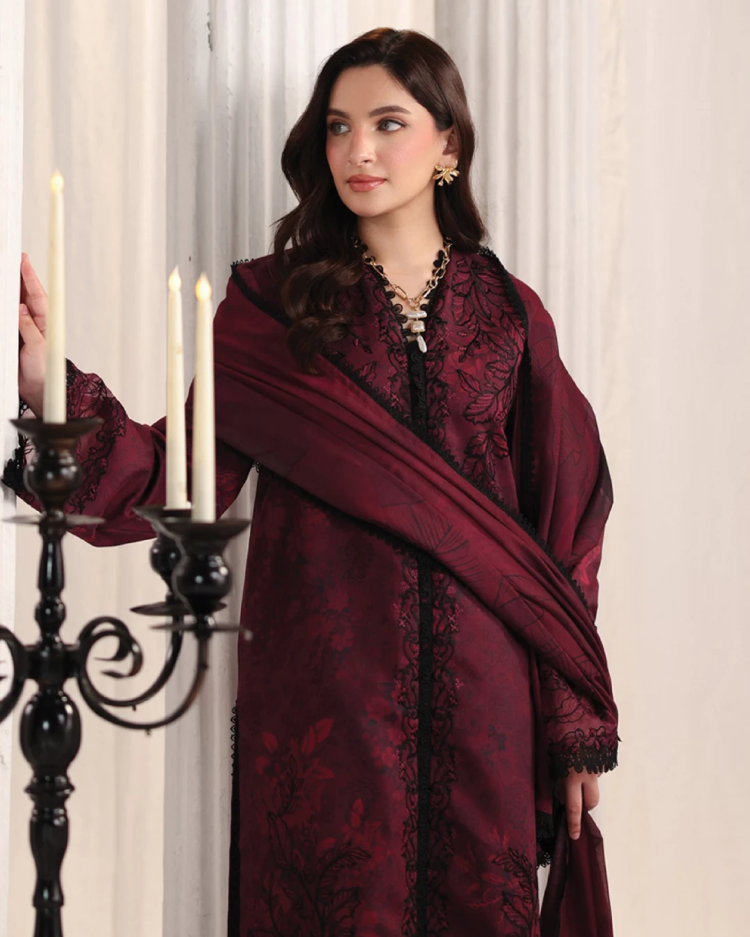 Alara Crimson Maroon Luxury Embroidered Lawn Three-Piece Suit