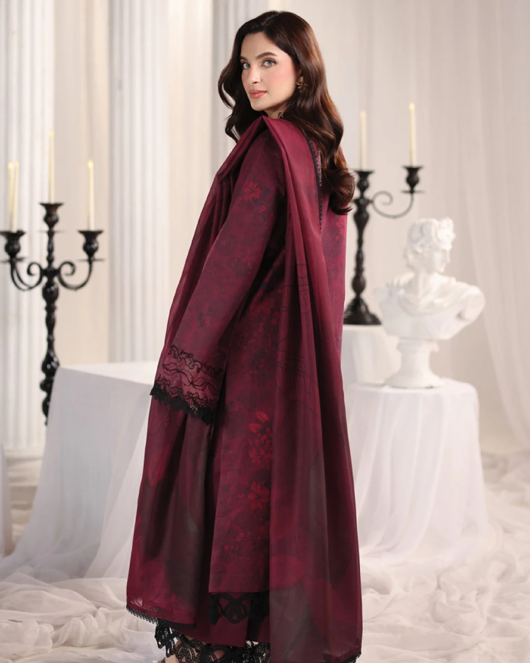 Alara Crimson Maroon Luxury Embroidered Lawn Three-Piece Suit