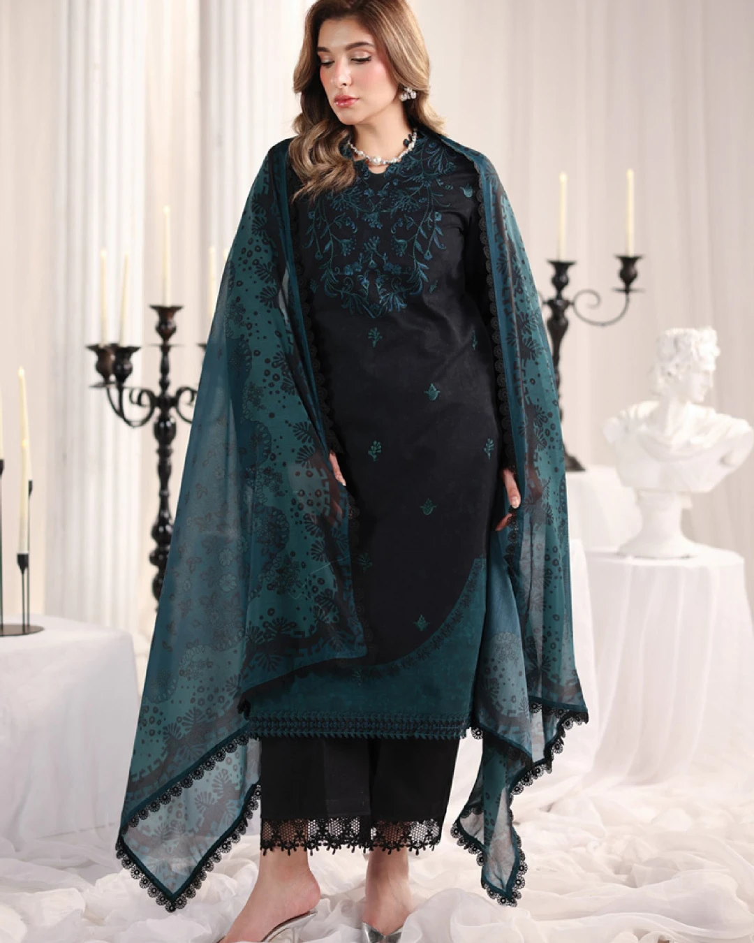 Defne Midnight Teal Luxury Embroidered Lawn Three-Piece Suit