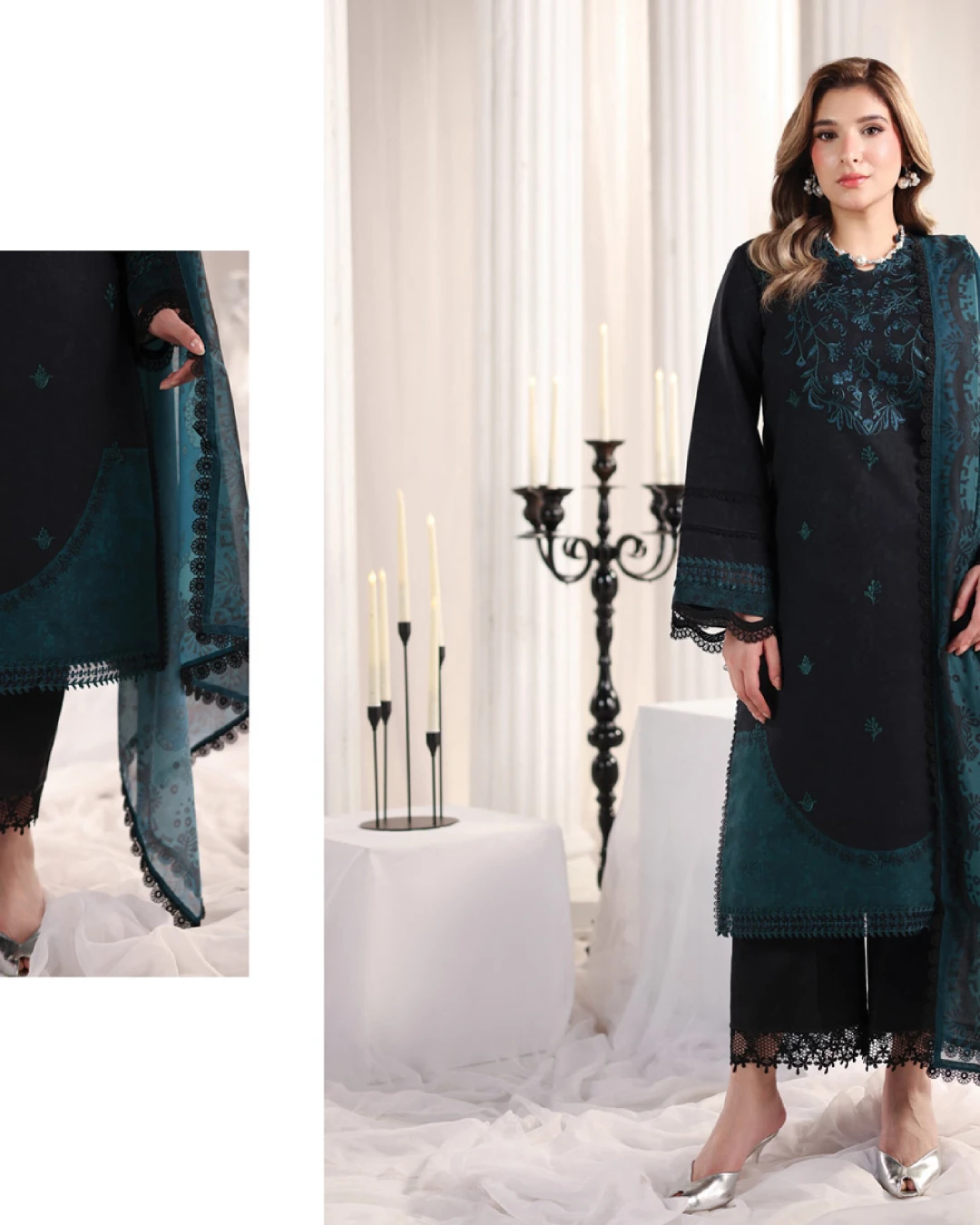 Defne Midnight Teal Luxury Embroidered Lawn Three-Piece Suit