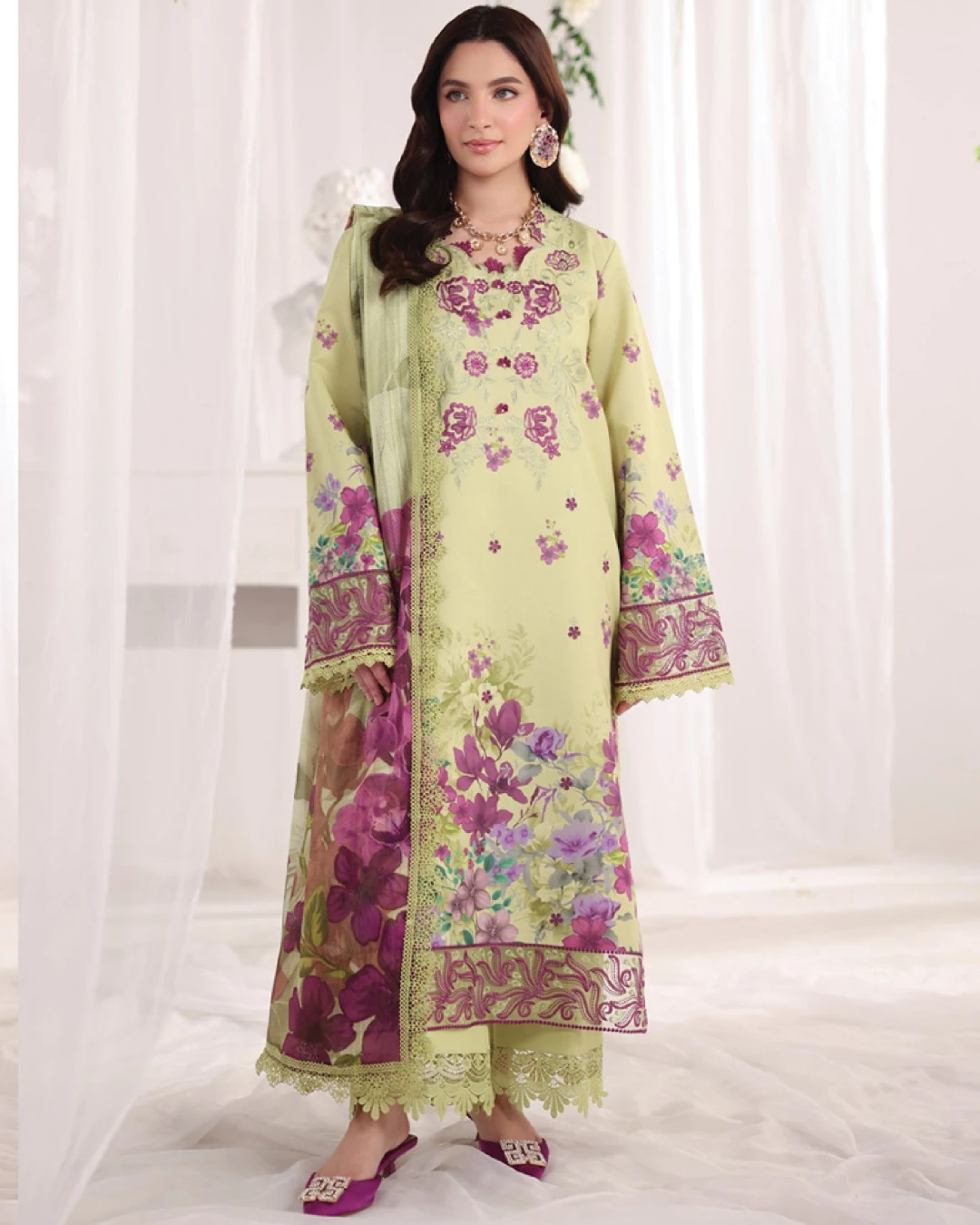 Elena Lime Blossom Luxury Embroidered Lawn Three-Piece Suit